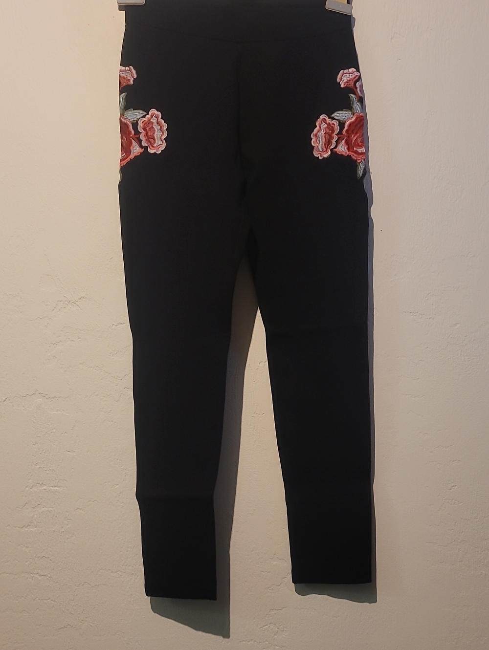 Guess Black Leggings with Pink Floral Embroidery